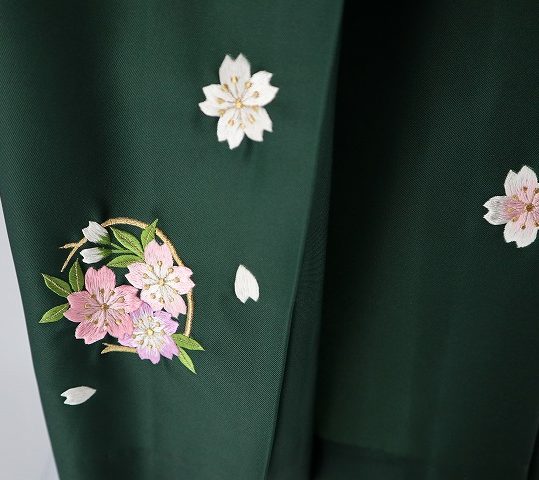 卒業式袴単品レンタル[刺繍]濃いオレンジ×緑ぼかしに桜刺繍[身長148-152cm]No.570